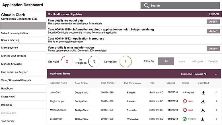Dashboard for a consultant managing several firms' applications