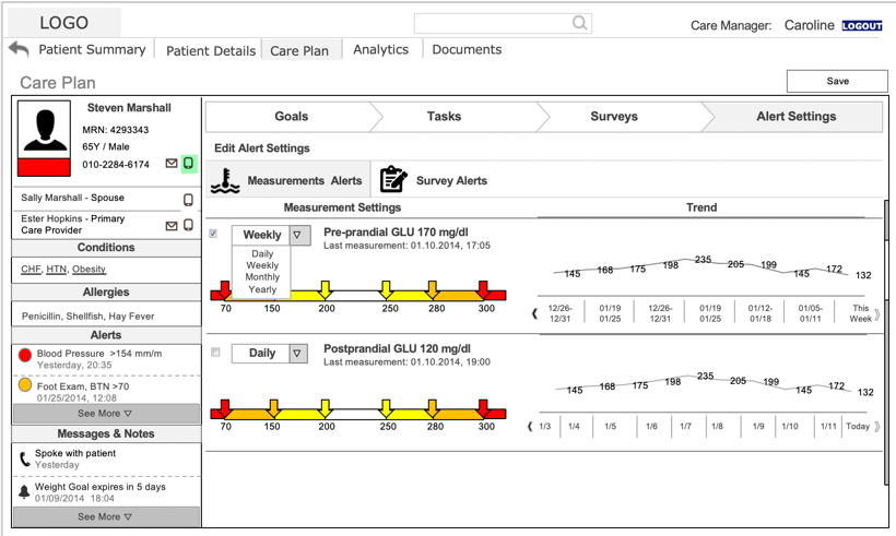 Physician screen for creating a measurement plan