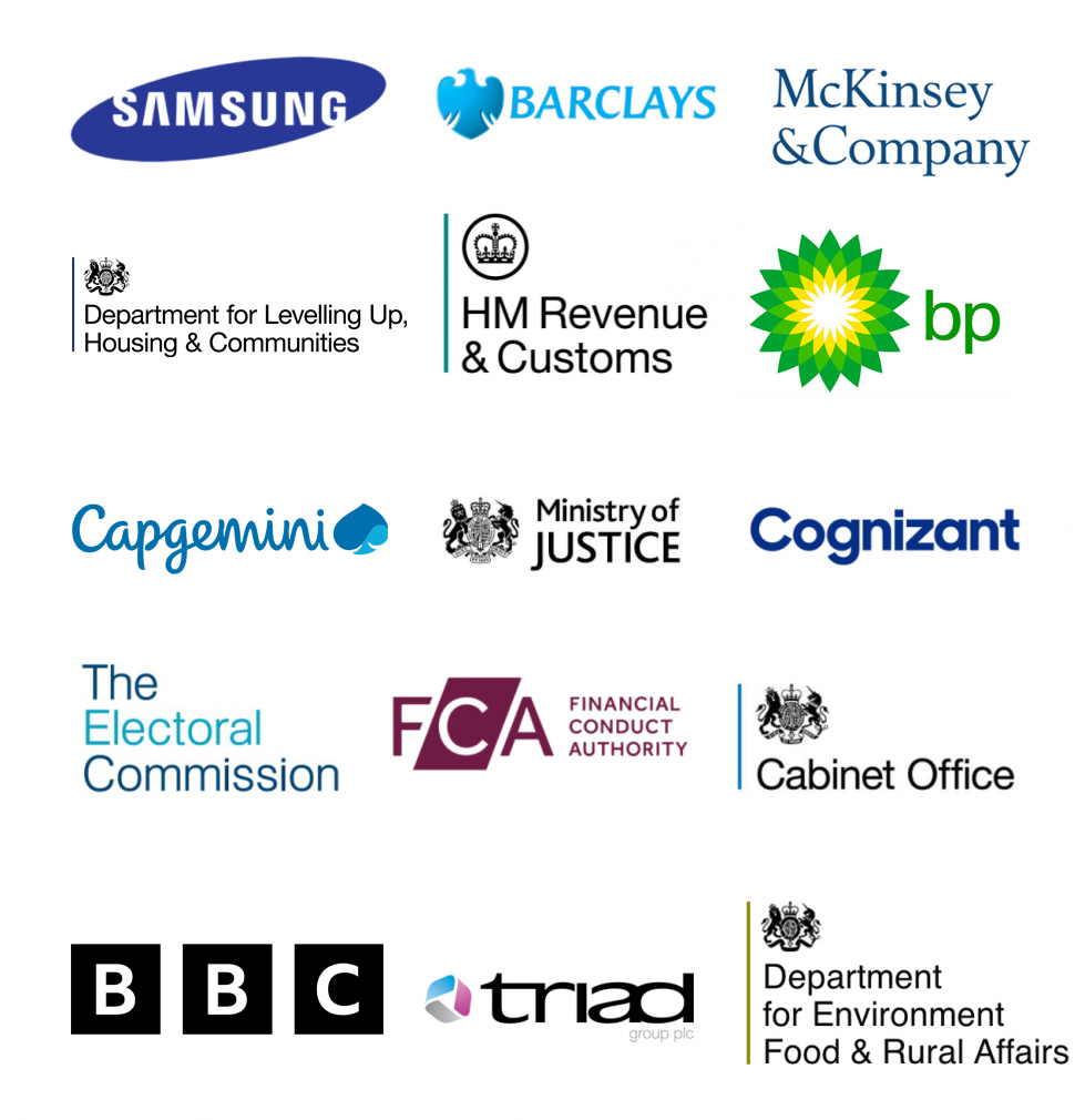 Samsung, Barclays, McKinsey & Company, DLUHC, HMRC, BP, Capgemini, Ministry of Justice, Cognizant, Electoral Commission, FCA, Cabinet Office, BBC, Triad, DEFRA